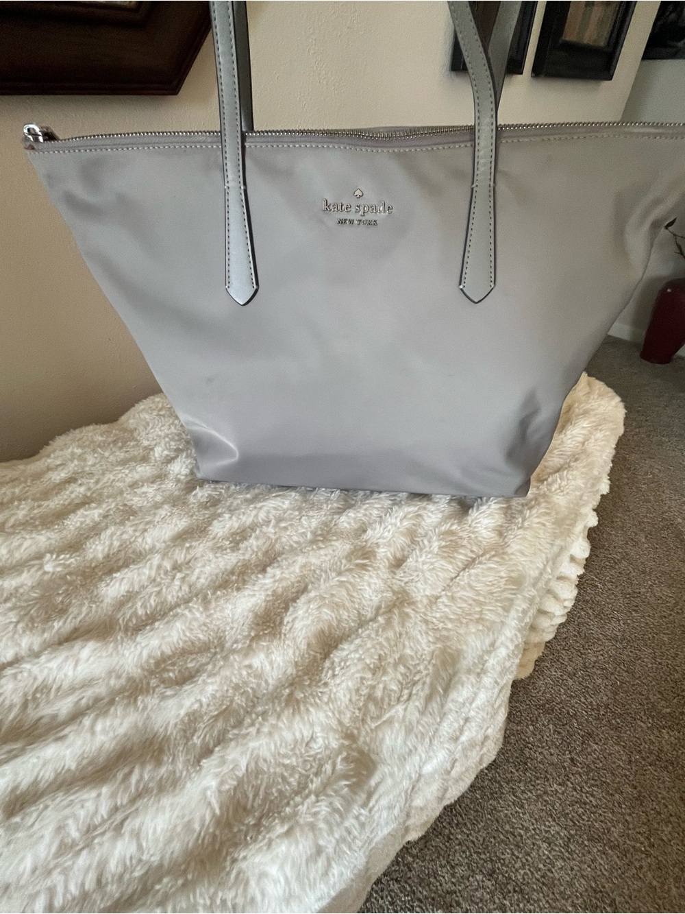 Kate Spade Kitt , Light Gray Nylon Zip Top Tote - EUC